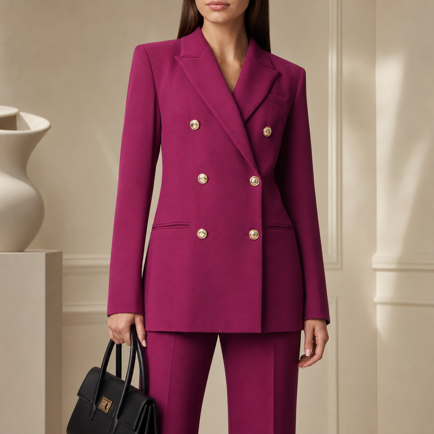 Magenta structured crepe blazer with peaked lapel and gold-tone buttons, front detail