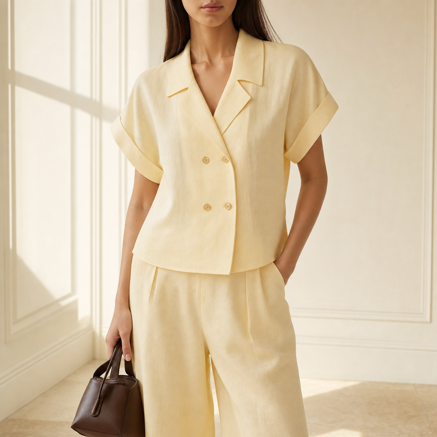 Lord & Taylor Heritage Camp Shirt, Yellow Linen Blend — front detail