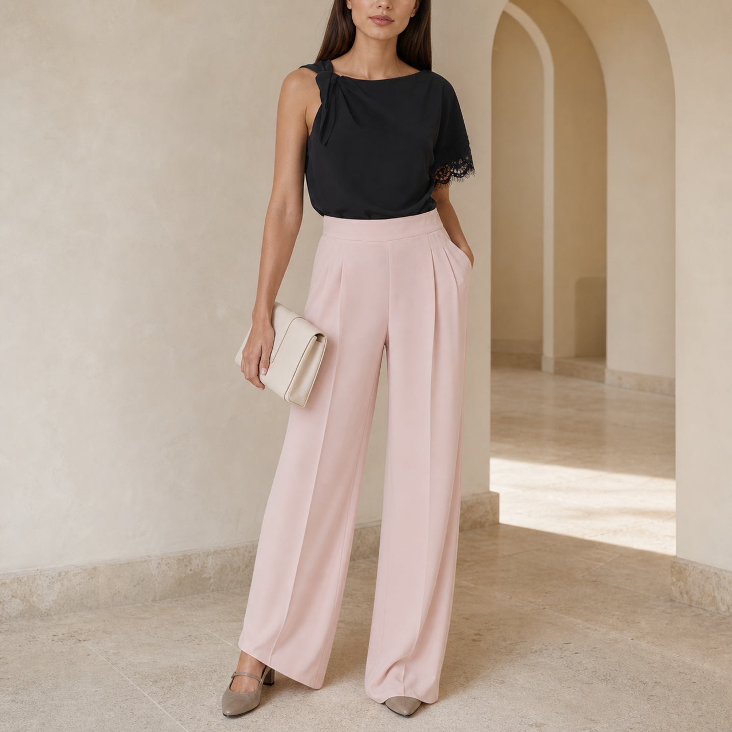 Blush pink wide-leg trousers with pleated front detail by Lord & Taylor Heritage