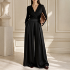 Black palazzo trousers front detail showing structured waistband and deep pleats by Lord & Taylor Heritage
