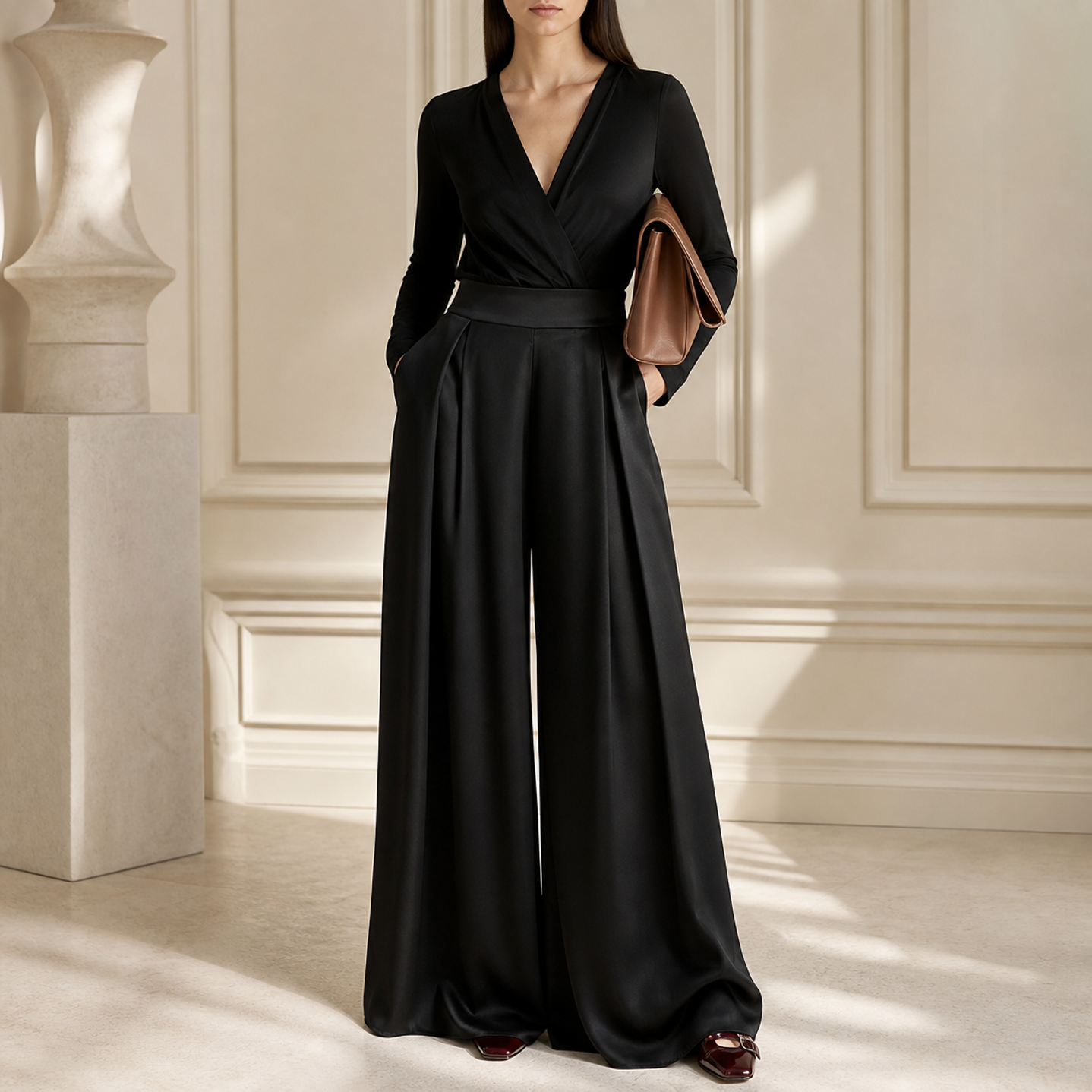 Black palazzo trousers front detail showing structured waistband and deep pleats by Lord & Taylor Heritage