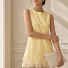 Butter yellow crepe shift dress with rounded neckline, front detail by Lord & Taylor Heritage
