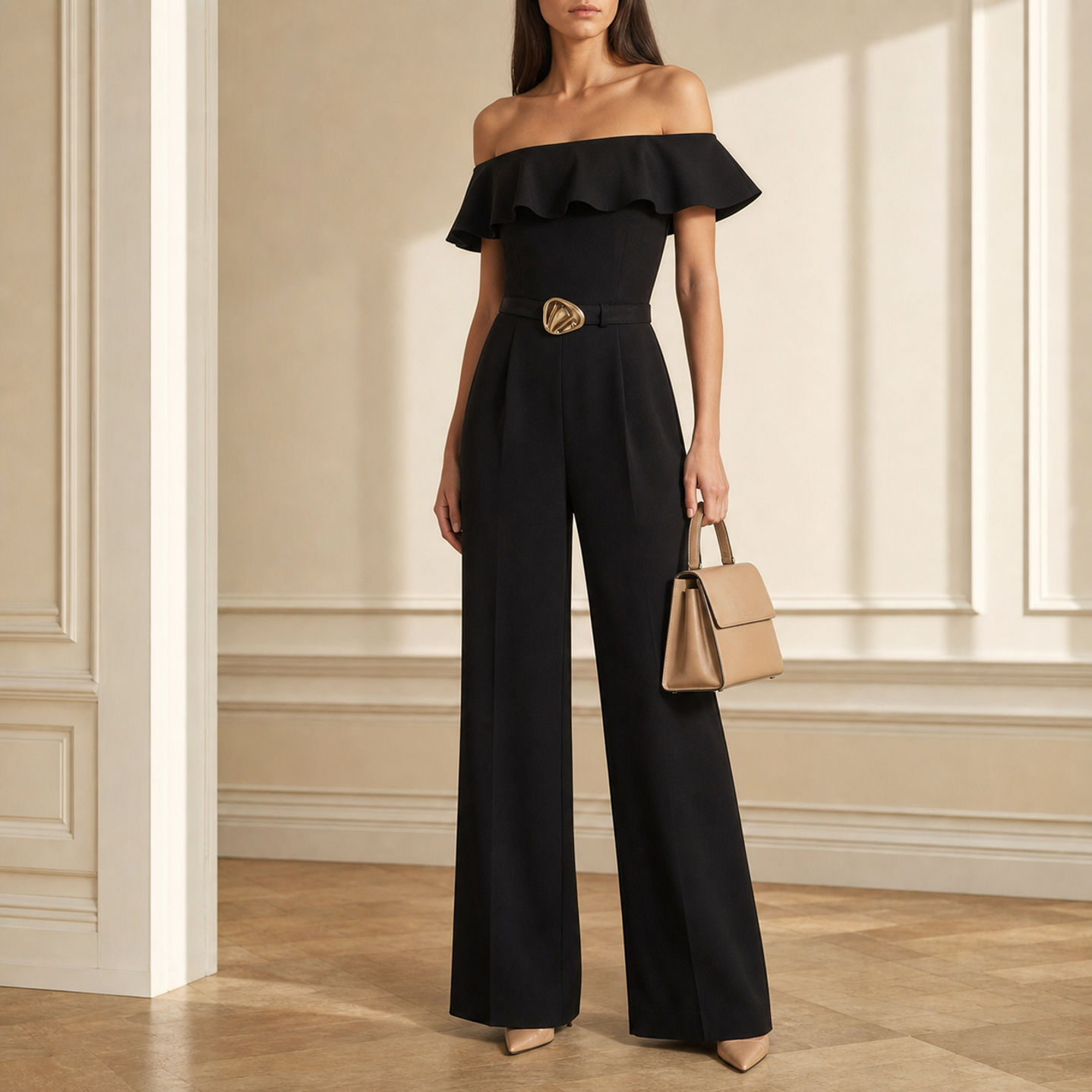 Black jumpsuit ruffle neckline and gold-tone belt buckle detail, front close-up