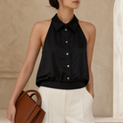 Black satin halter shirt front detail showing point collar and button placket