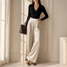 Champagne satin trousers front detail showing sharp pleats and tailored waistband by Lord & Taylor Heritage