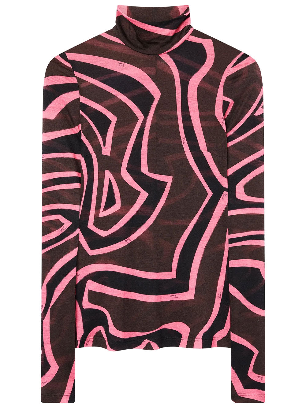 Brown and coral Pucci turtleneck top with Labirinto print, front view