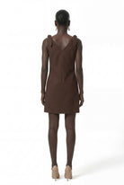 Chocolate brown shift dress bow shoulder strap construction by Lord & Taylor Heritage, close-up