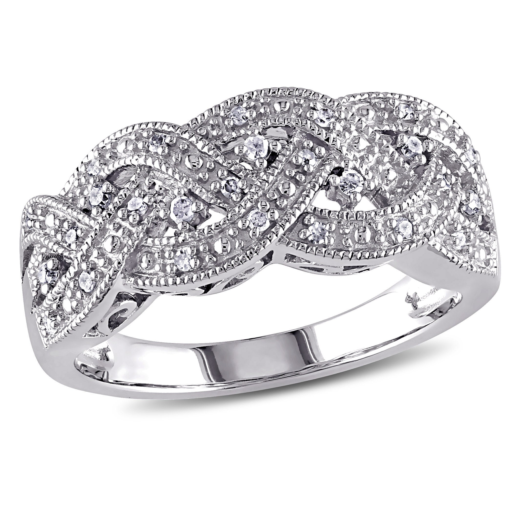 Sterling silver diamond braided ring with pavé setting, front view by Lord & Taylor