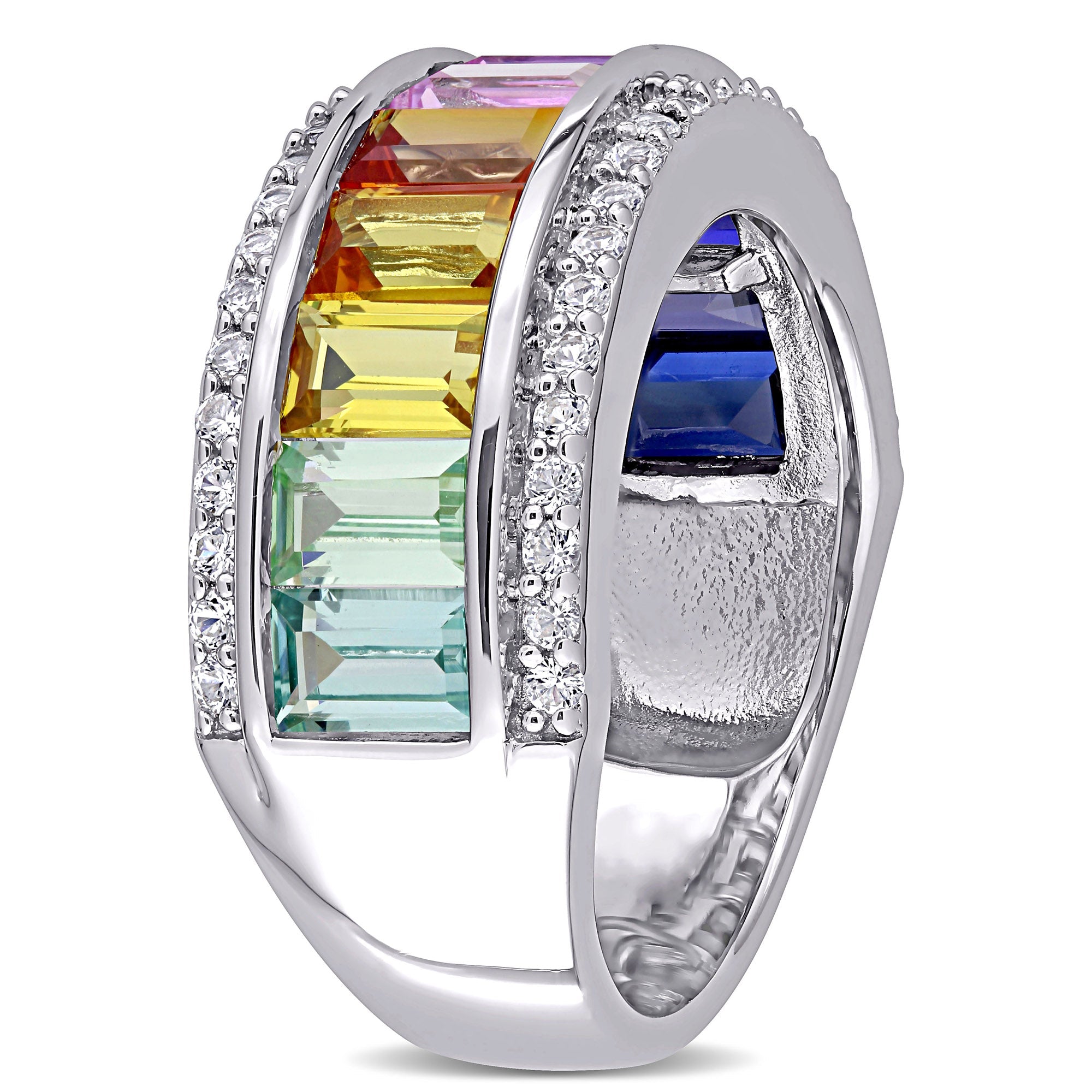 Multicolor created sapphire eternity ring showing baguette-cut stones, angled view by Lord & Taylor