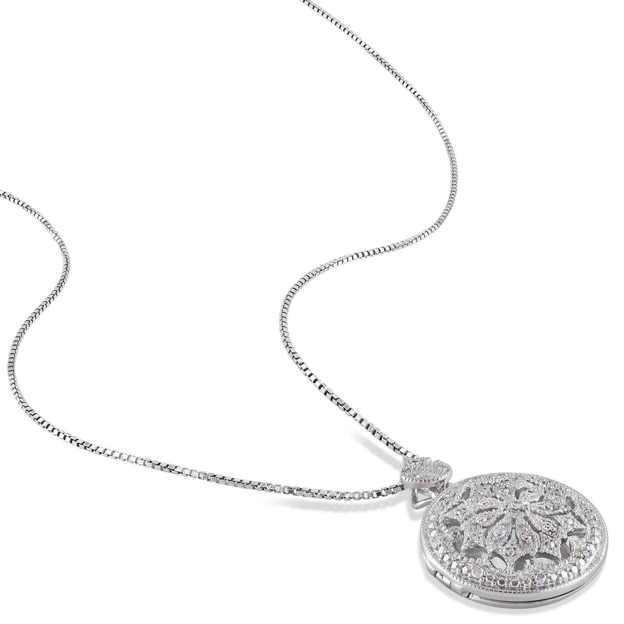 Sterling silver diamond locket pendant necklace by Lord & Taylor, detail view