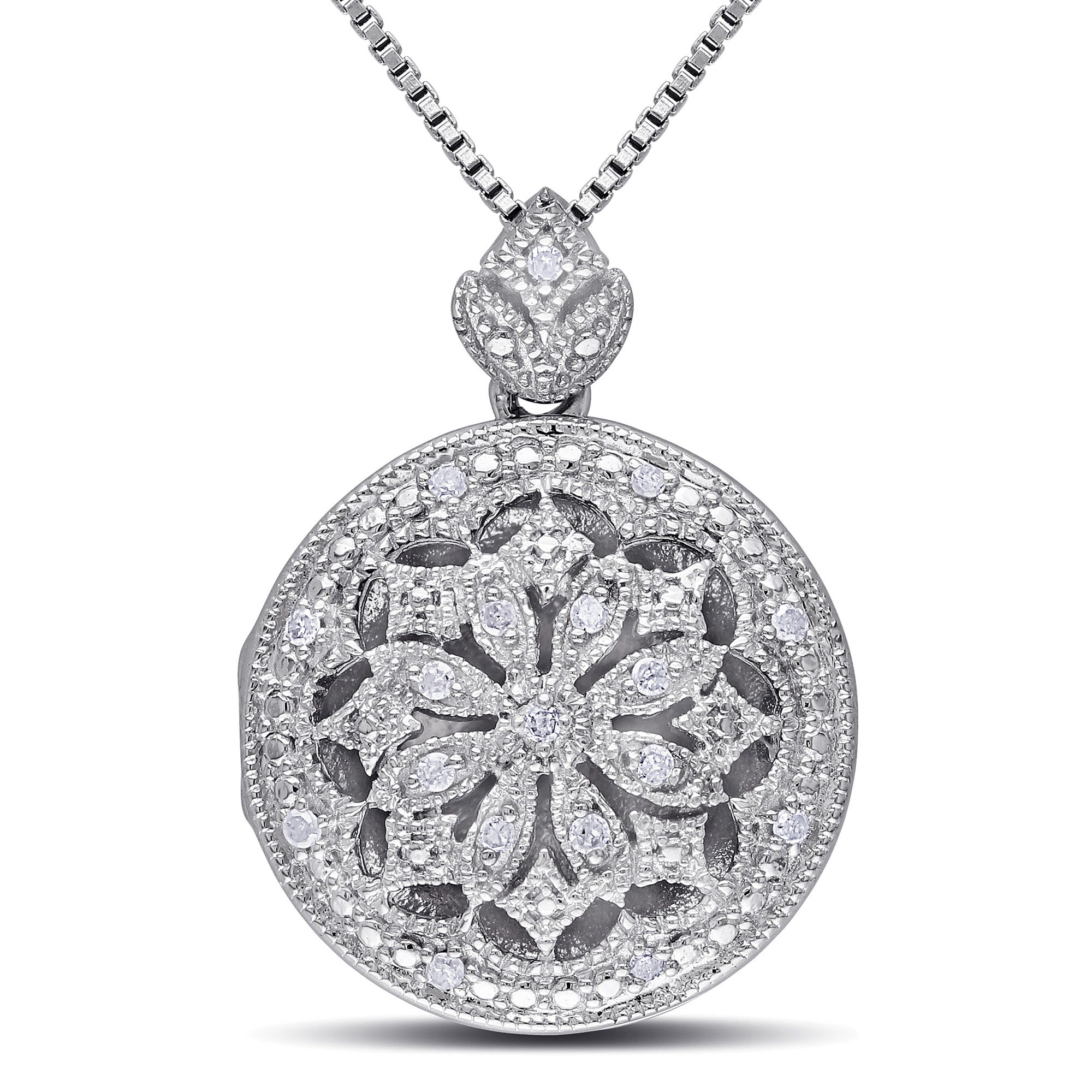 Sterling silver diamond locket pendant necklace with floral design by Lord & Taylor, front view