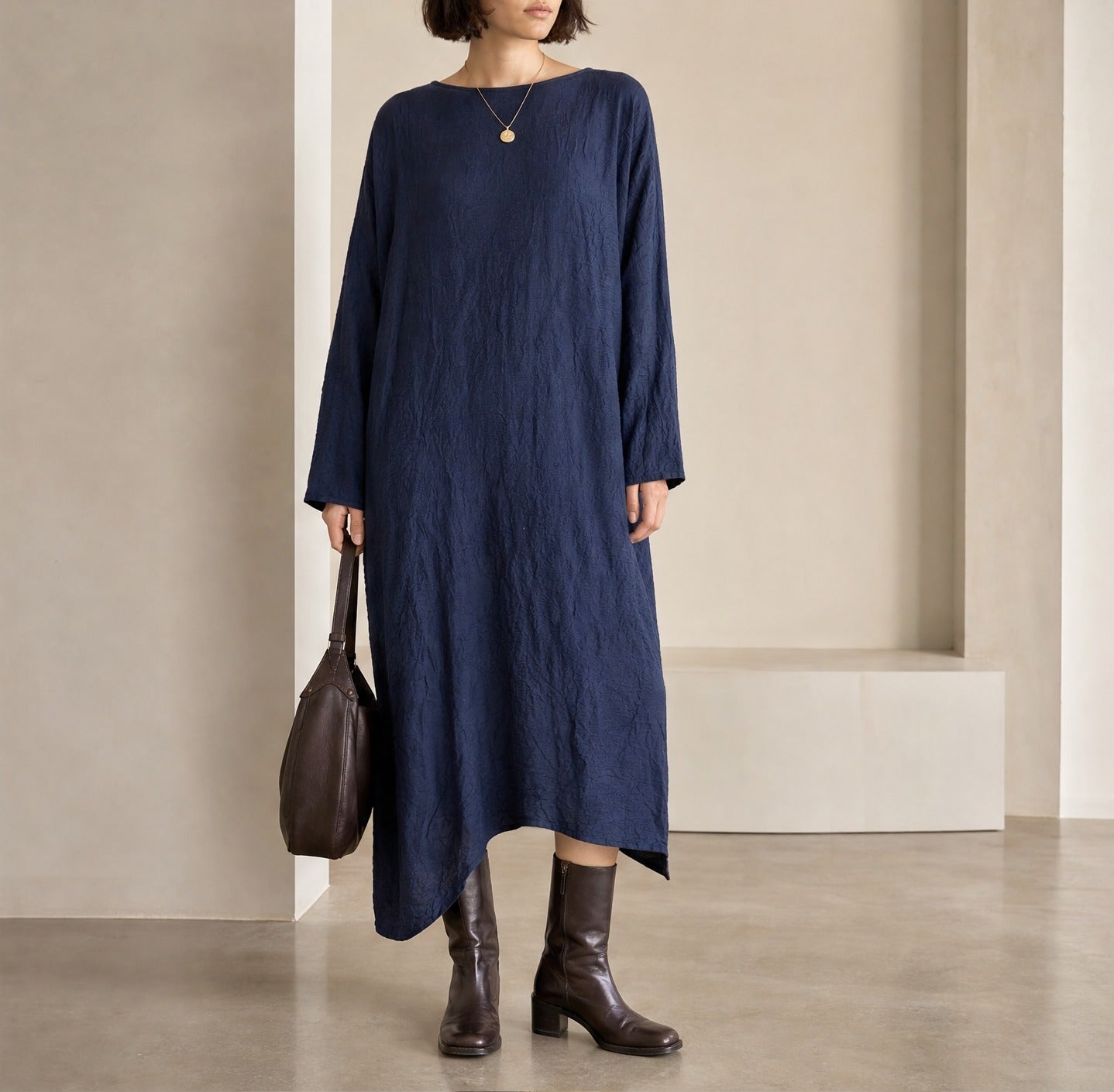 Black DANIELA GREGIS Spicchi midi dress with asymmetrical hem, full body view
