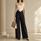 Two-tone lace trim jumpsuit by Lord & Taylor Heritage, full-length front view on model