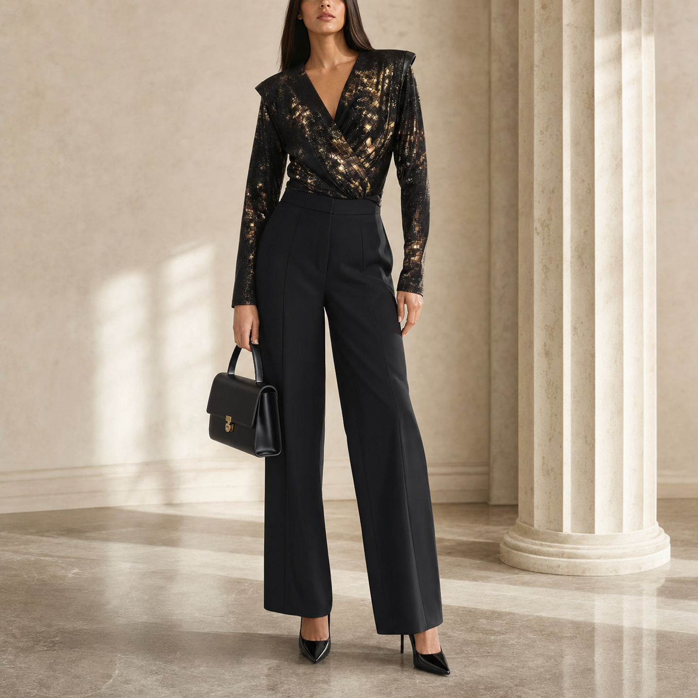 Lord & Taylor Heritage Wrap Top, Metallic Snake Print — on model, full length