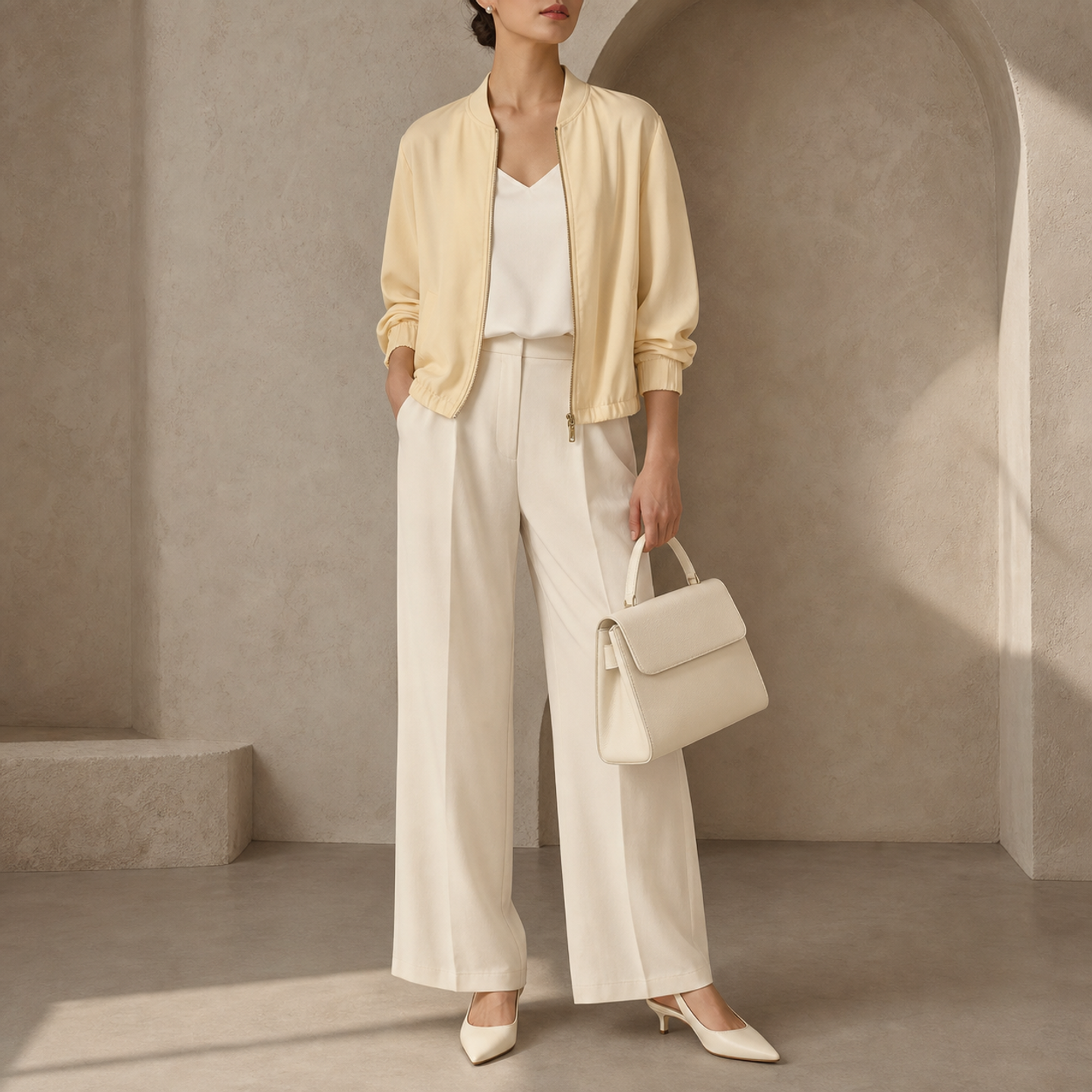 No lock on zipper Lord & Taylor Heritage Bomber Jacket, Yellow — on model, full length