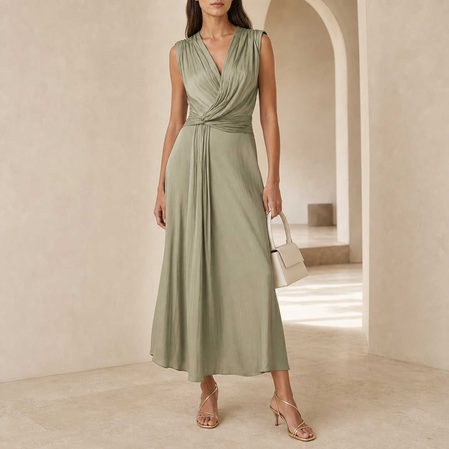 Sage green satin midi dress with twist-knot waist by Lord & Taylor Heritage, full-length front view