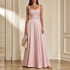Powder pink satin gown with sweetheart neckline, full-length view by Lord & Taylor Heritage