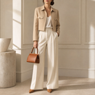 Camel cropped utility jacket on model, full-length angled view by Lord & Taylor Heritage