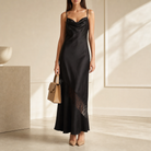 Black satin slip maxi dress with cowl neckline by Lord & Taylor Heritage, full-length front view