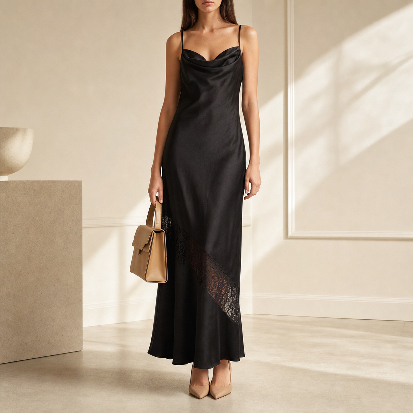 Black satin slip maxi dress with cowl neckline by Lord & Taylor Heritage, full-length front view