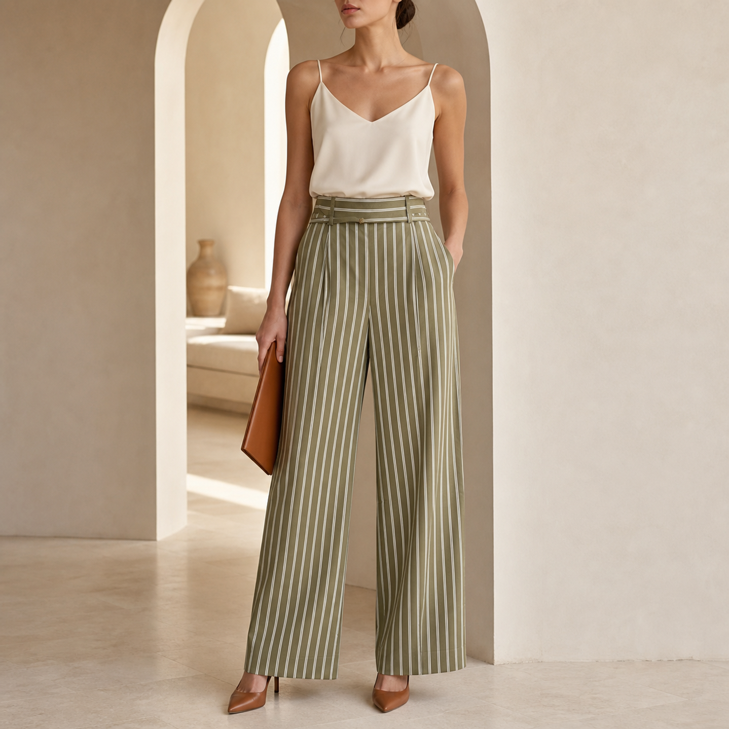 Olive striped wide-leg trousers by Lord & Taylor Heritage, full-length front view on model