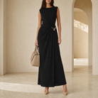 Black draped maxi dress with gold hardware by Lord & Taylor Heritage, full-length front view