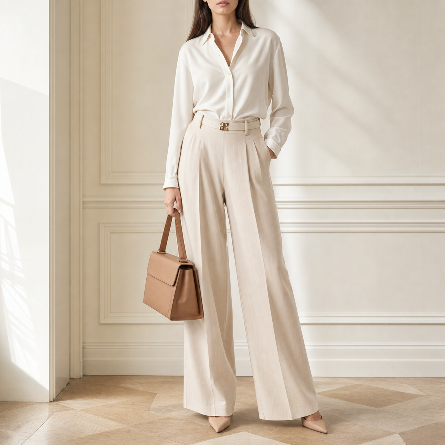 Beige wide-leg trousers with pleats and logo belt by Lord & Taylor Heritage, full-length view