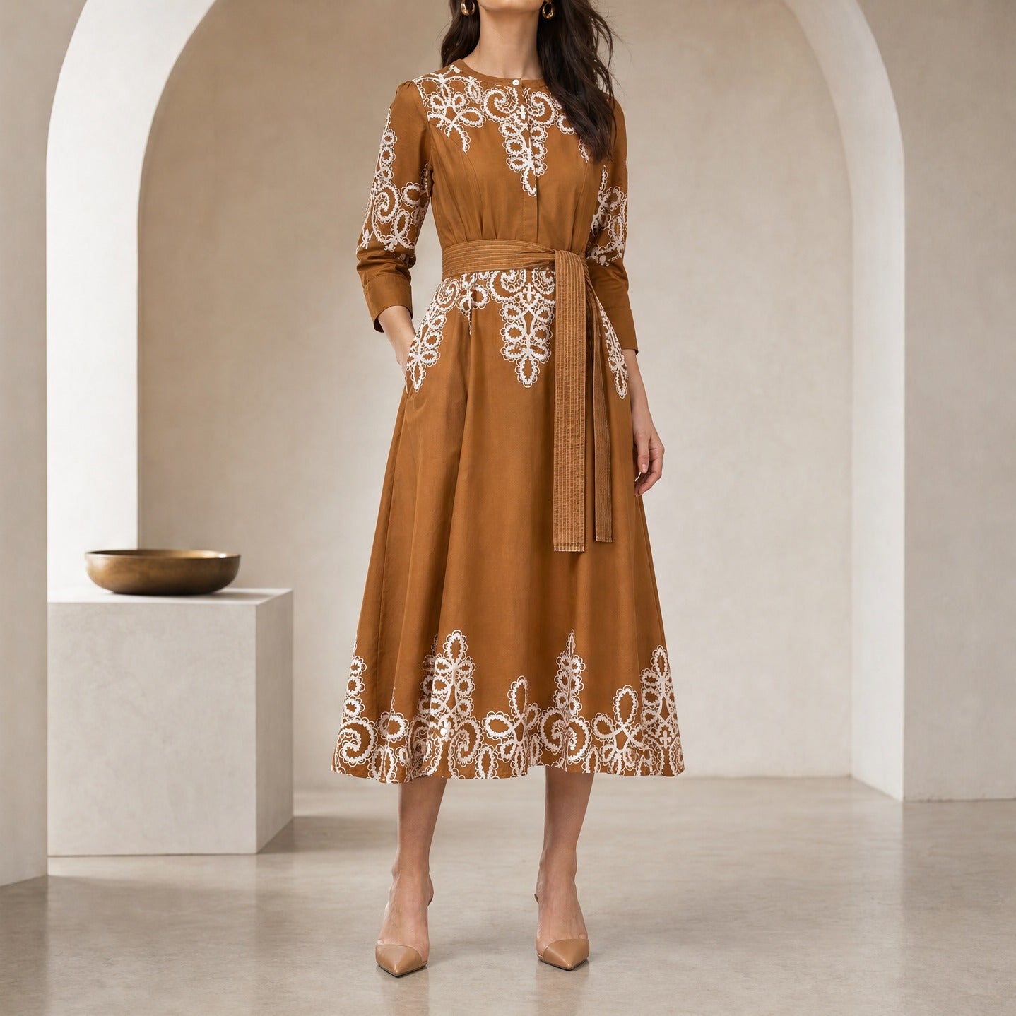 Beyond by Vera Harper embroidered silk dress, full body front view