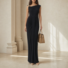 Black asymmetric jersey maxi gown with gold shoulder detail by Lord & Taylor Heritage, full-length view