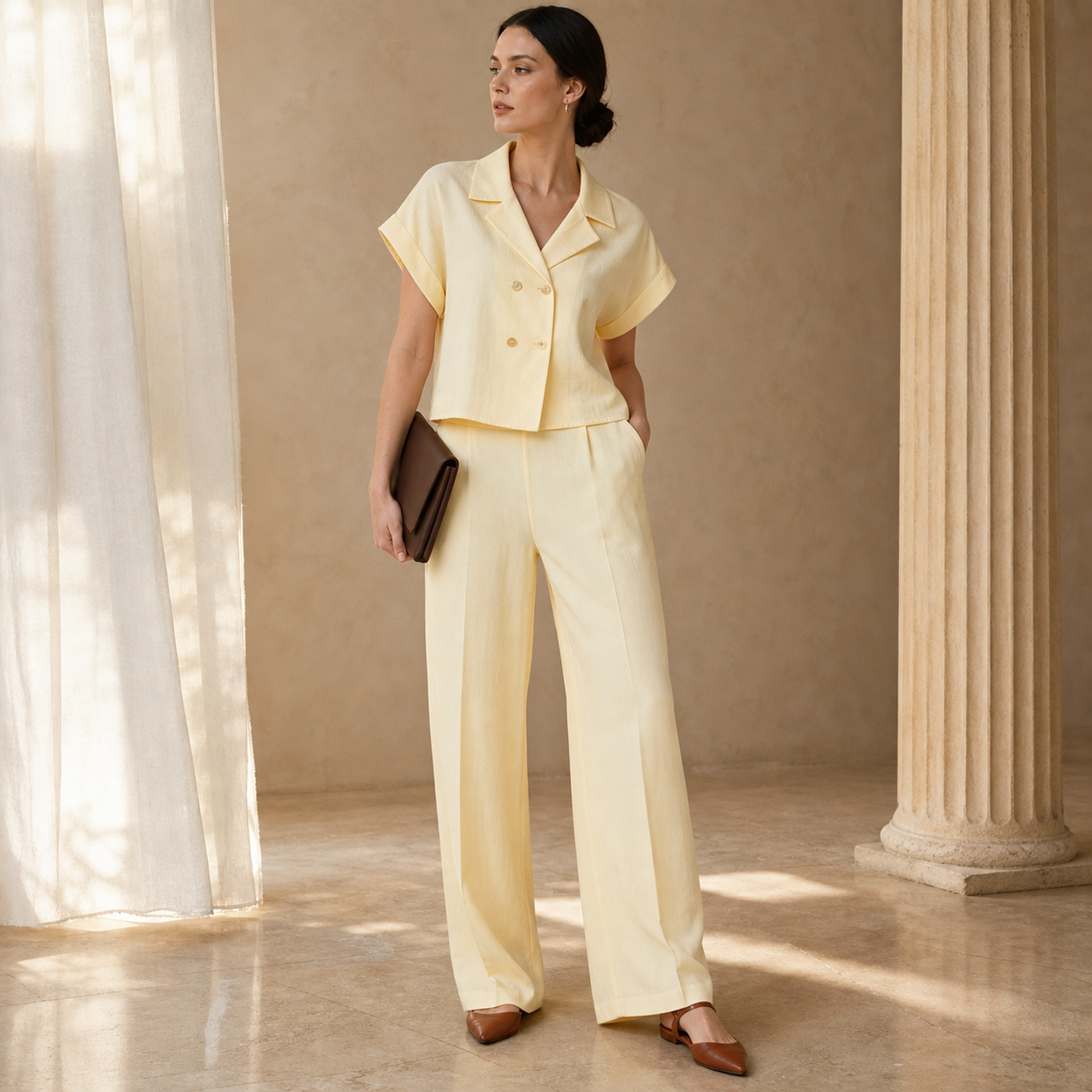 Buttercream yellow wide-leg trousers by Lord & Taylor Heritage, full-length front view on model