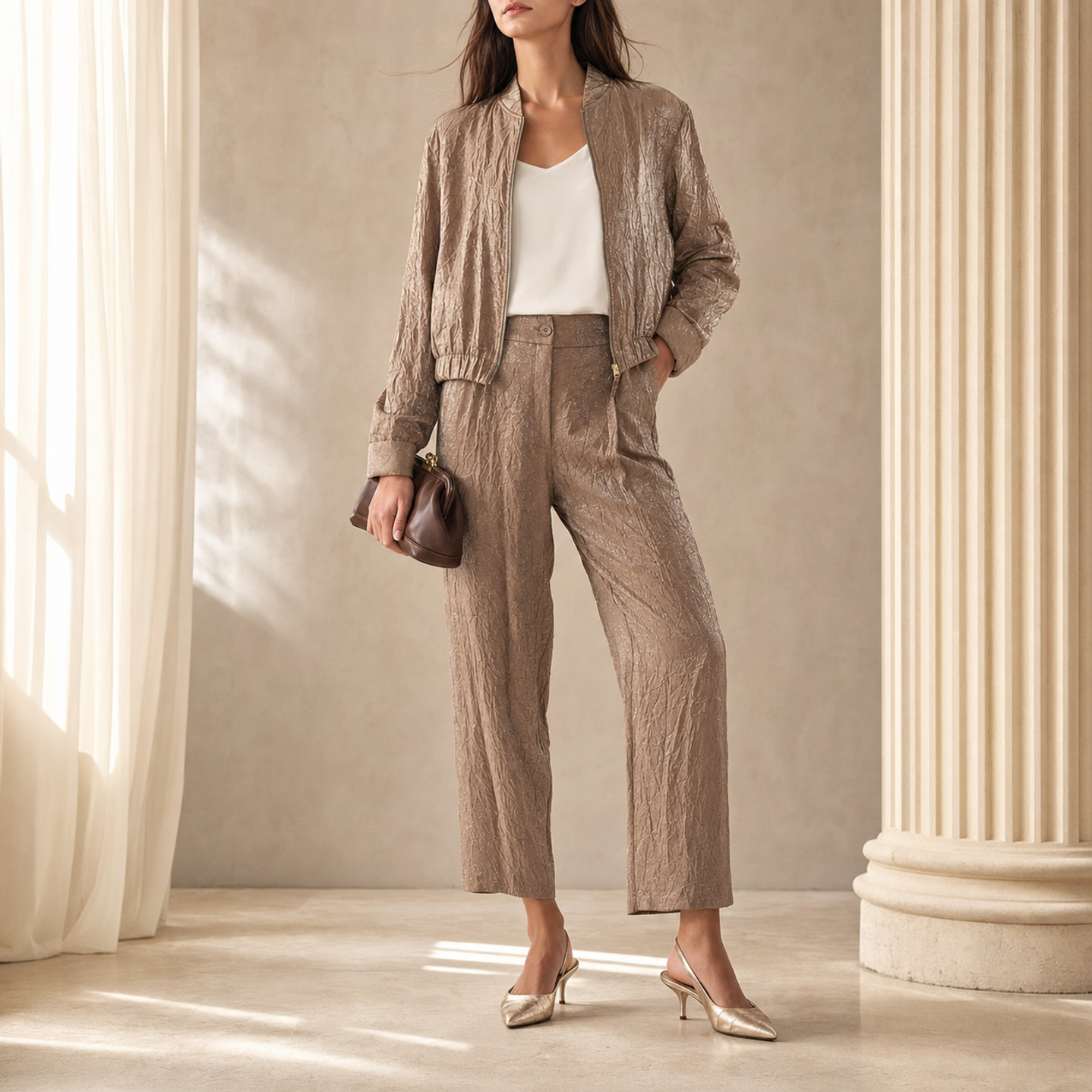 Lord & Taylor Heritage Bomber Jacket, Taupe Metallic Satin — on model, full length