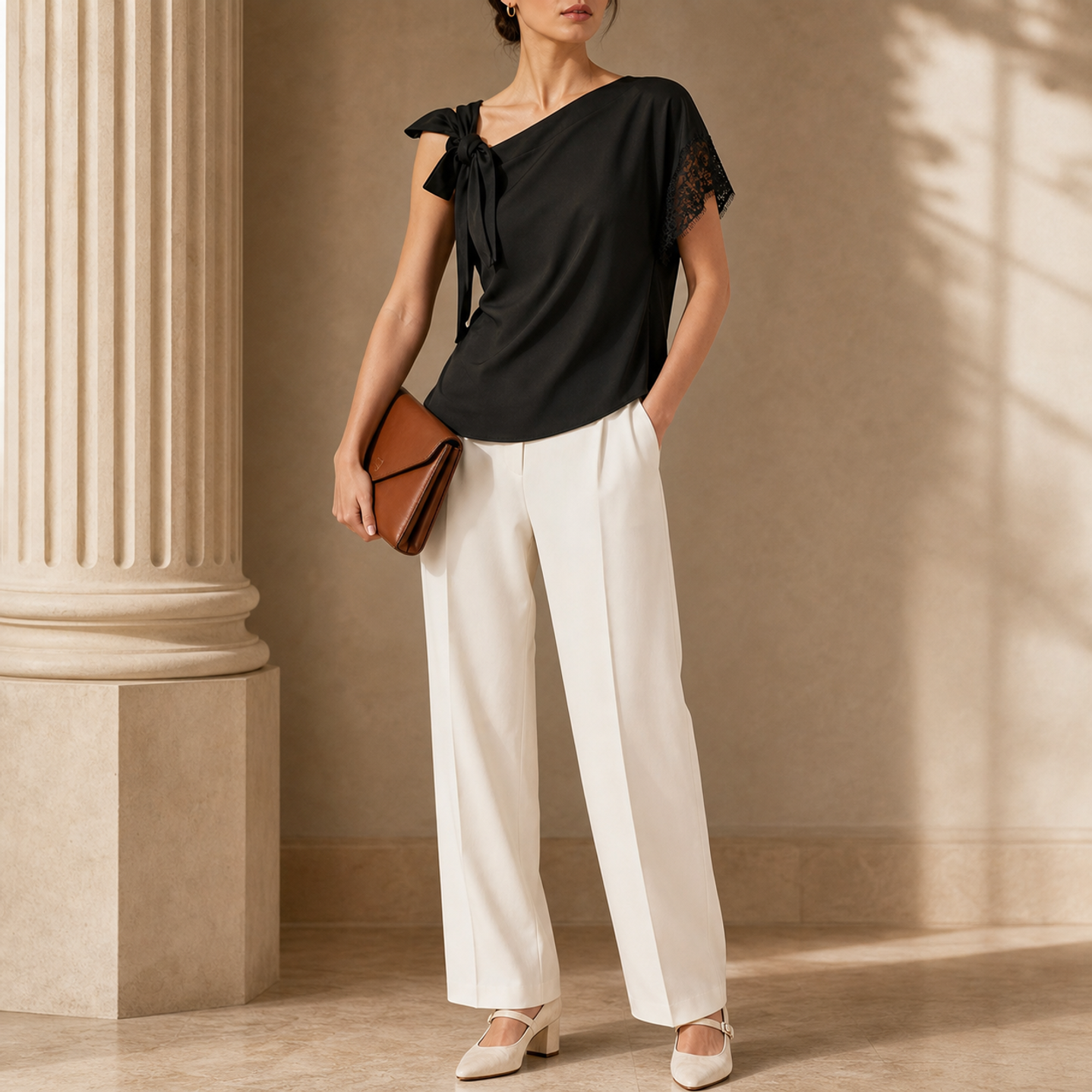 Lord & Taylor Heritage One-Shoulder Top, Black with Lace — on model, full length