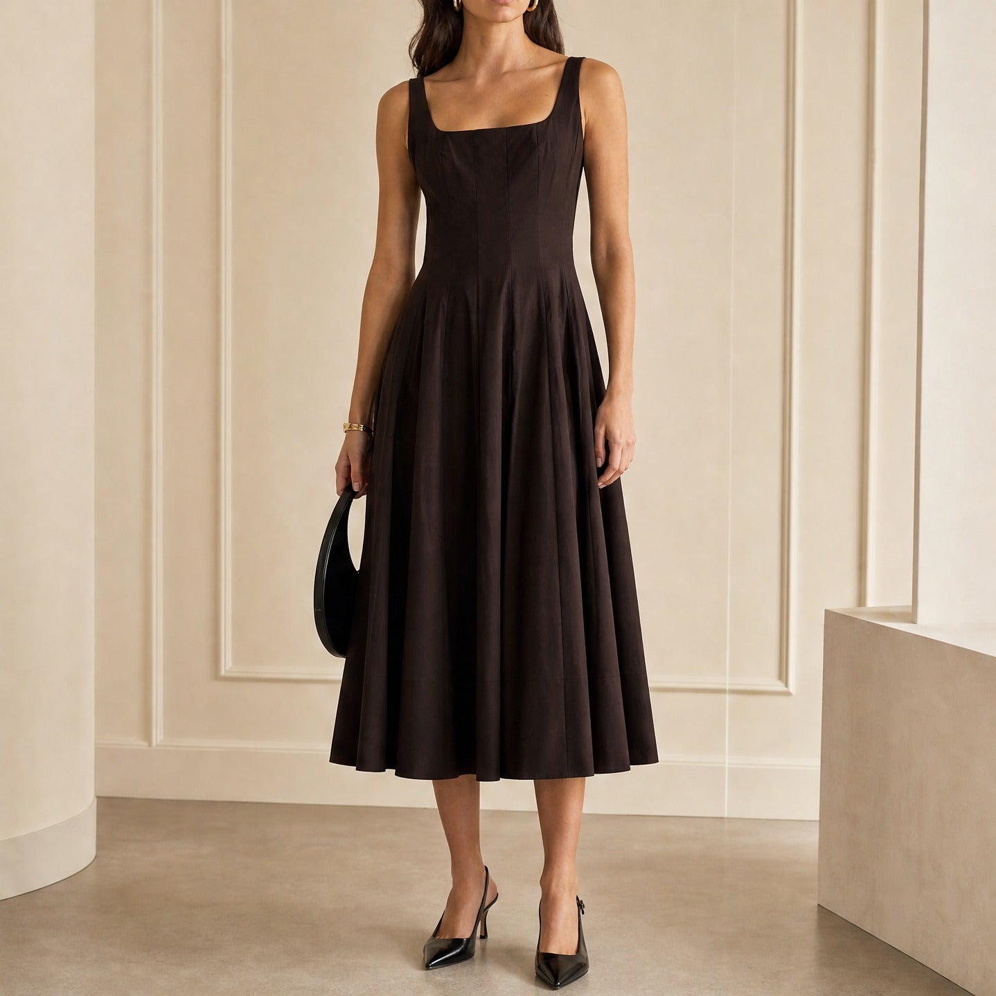 Brown STAUD Wells midi dress, full body front view by STAUD