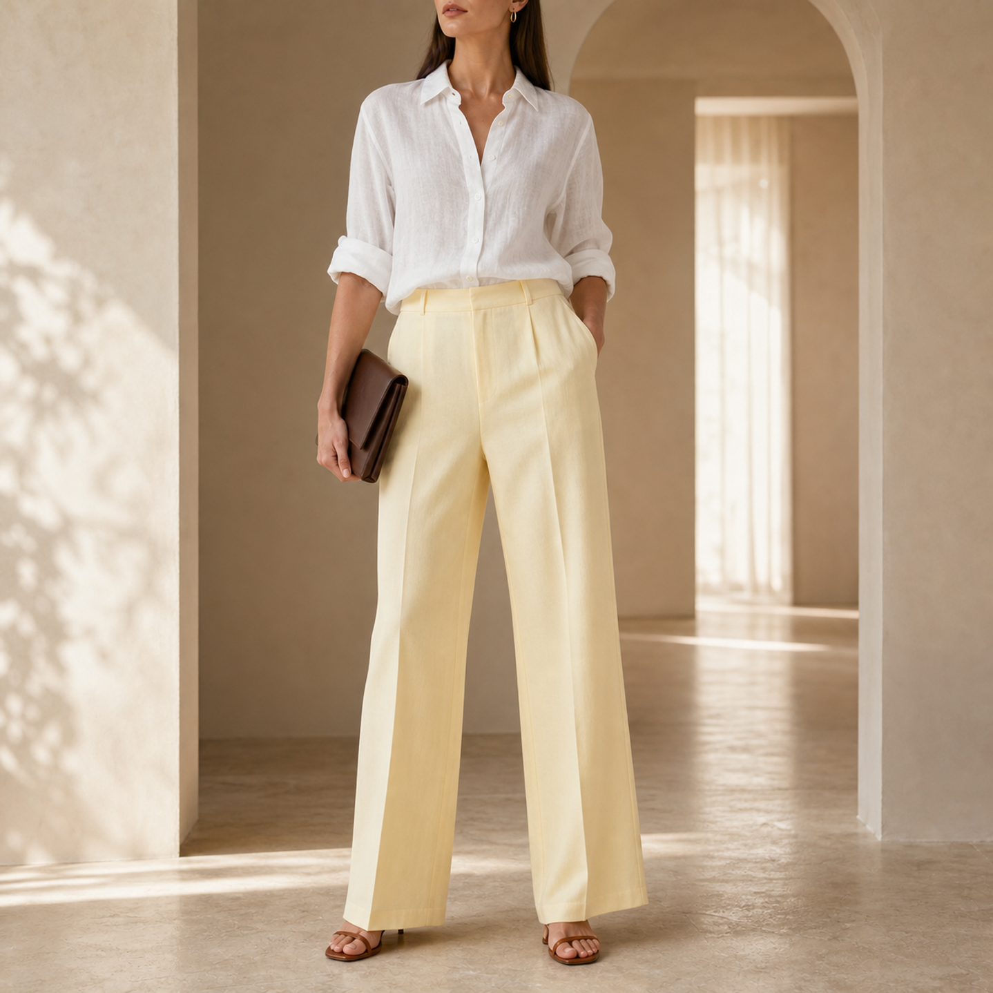 Lord & Taylor Heritage Wide-Leg Trousers, Buttercream Yellow — on model, full length