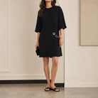 Black Celine viscose cady mini dress, full body front view
