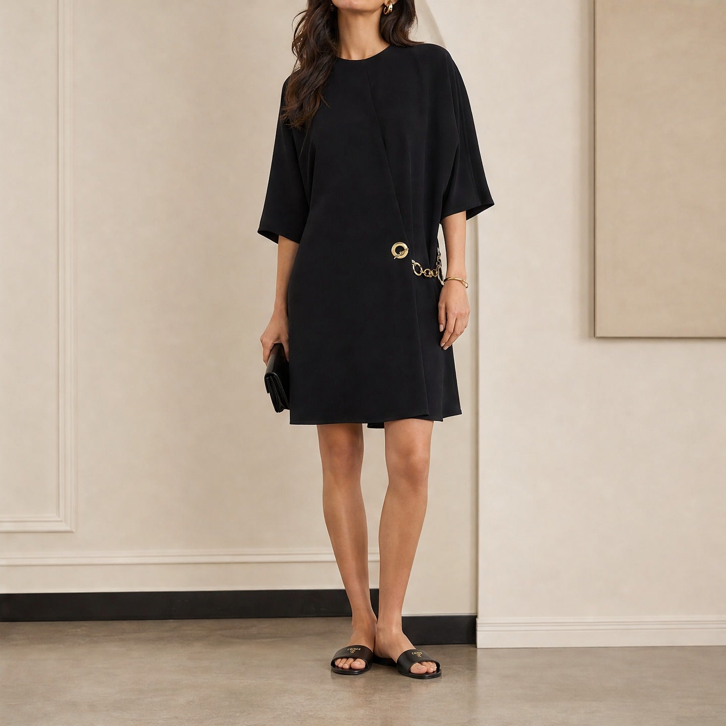 Black Celine viscose cady mini dress, full body front view