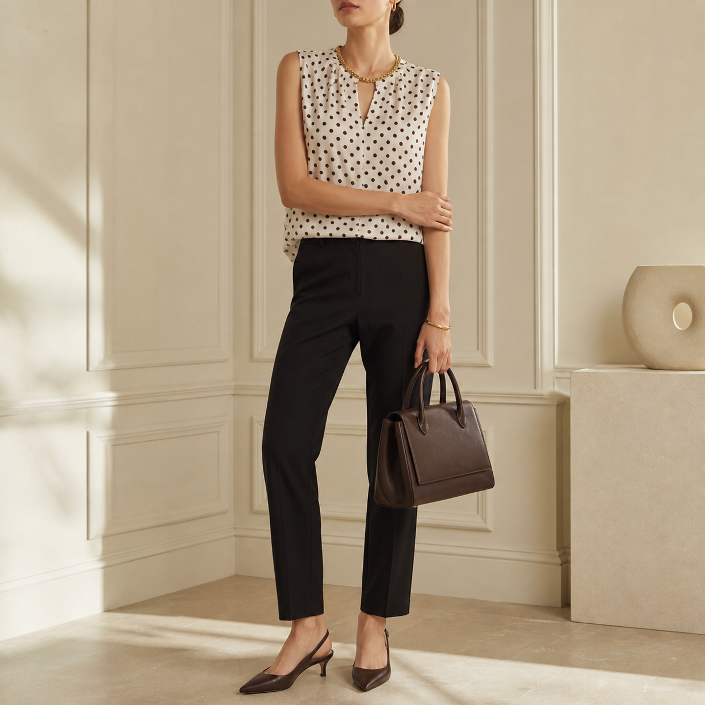 Cream polka dot sleeveless top with keyhole neckline by Lord & Taylor Heritage, full length on model
