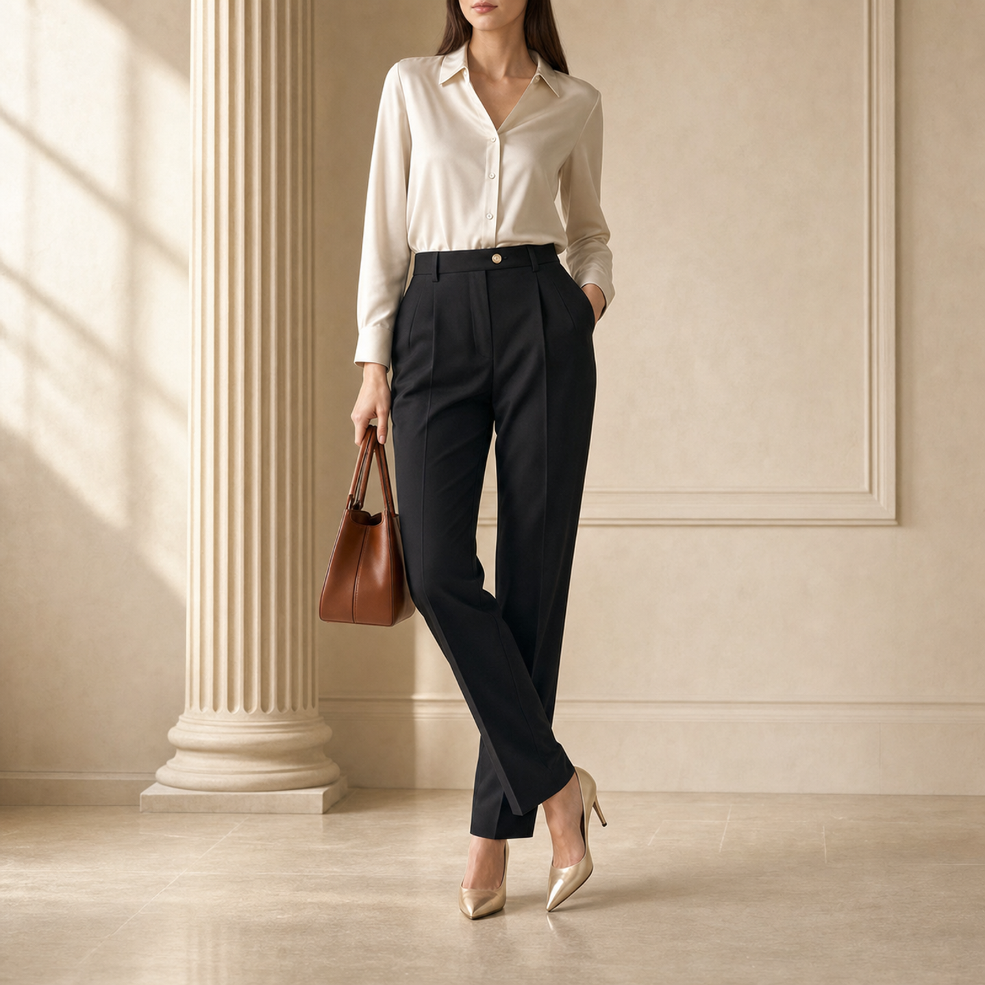 Lord & Taylor Heritage High-Waisted Trousers, Black — on model, full length