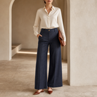 Indigo wide-leg trouser with pressed creases by Lord & Taylor Heritage, full-length front view