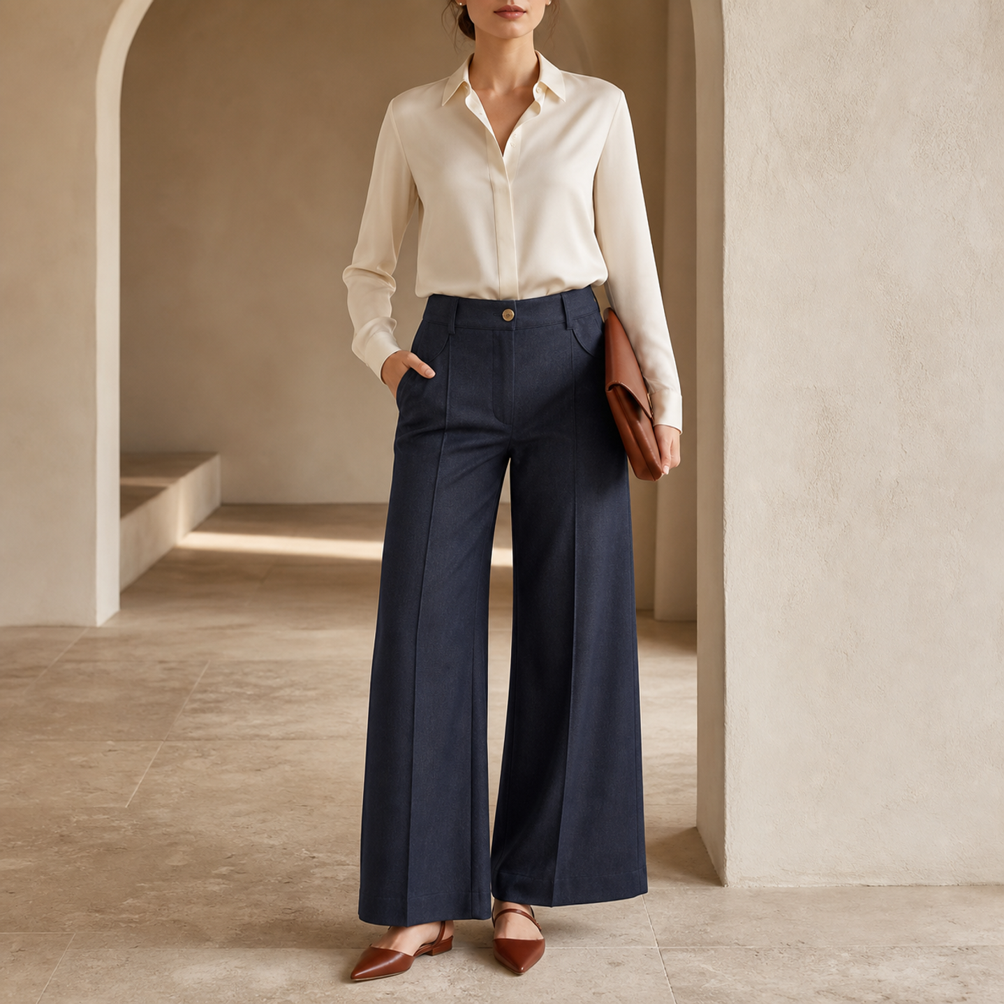 Indigo wide-leg trouser with pressed creases by Lord & Taylor Heritage, full-length front view