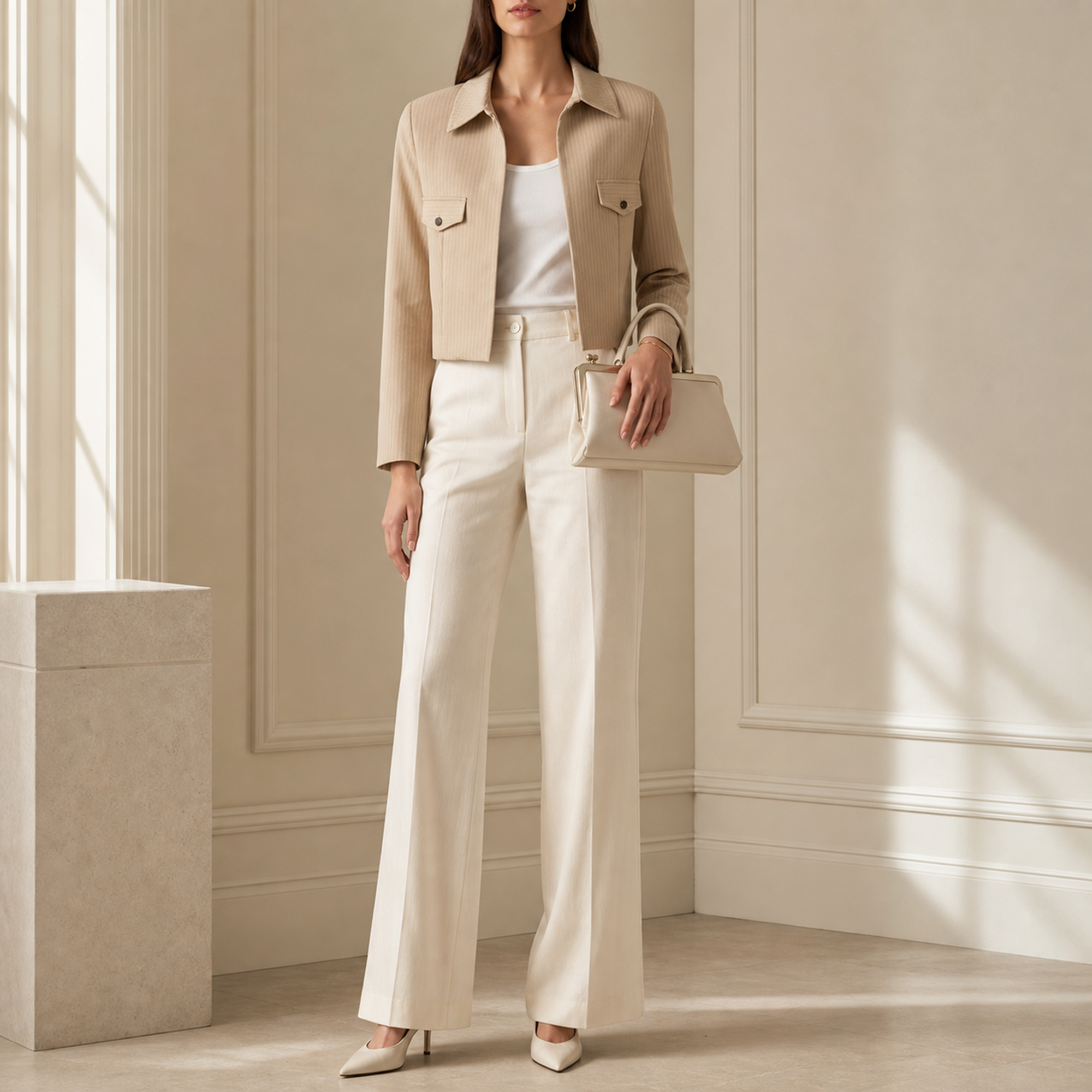 Camel cropped utility jacket with pointed collar, full-length front view by Lord & Taylor Heritage