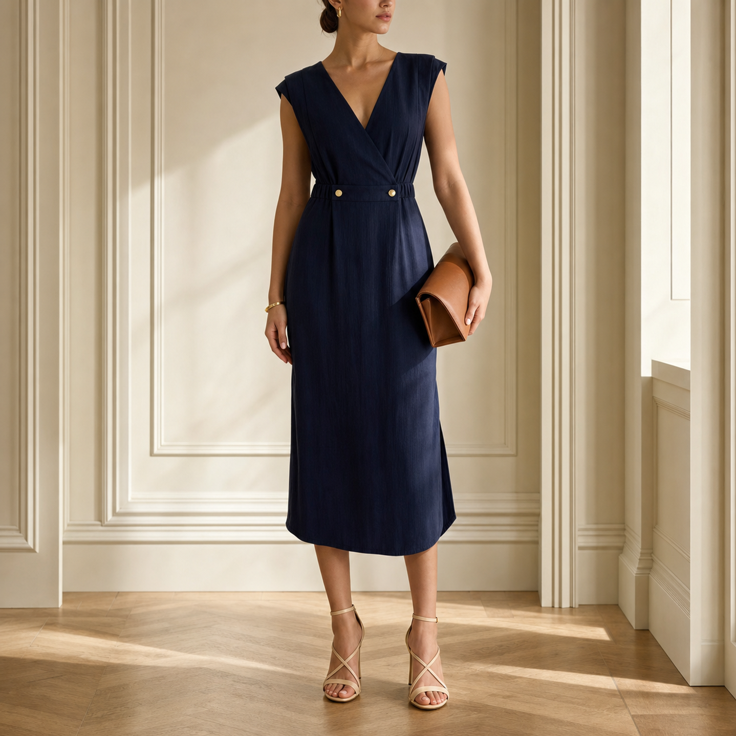 Navy midi dress with V-neckline and button tabs by Lord & Taylor Heritage, full length view