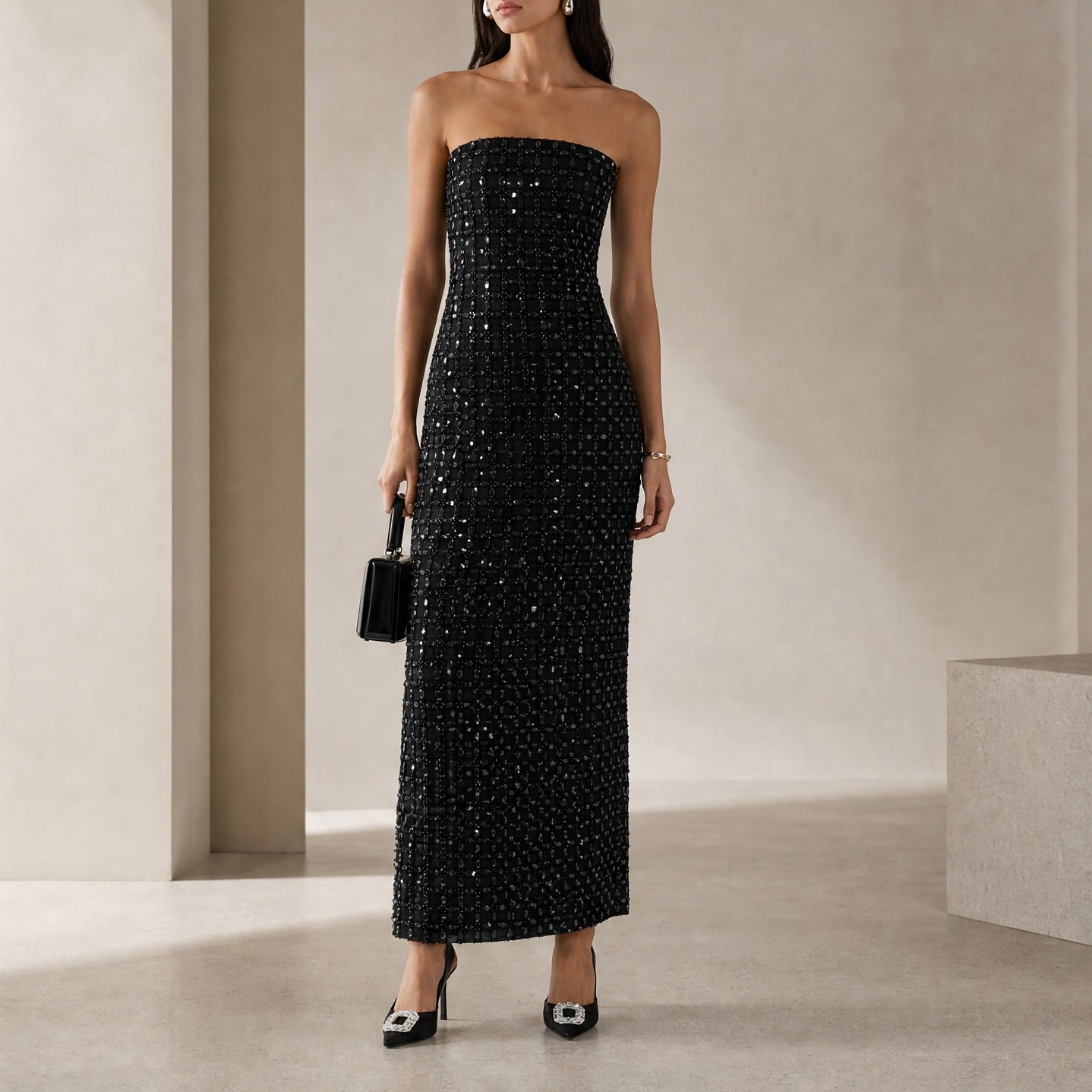 Black ROTATE BIRGERCHRISTENSEN beaded maxi dress, full-length front view