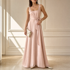 Blush pink satin maxi dress with crystal-trim neckline, full-length front view by Lord & Taylor Heritage