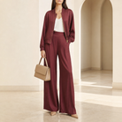Burgundy satin bomber jacket by Lord & Taylor Heritage, full-length front view on model