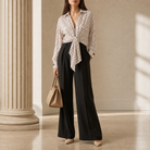 Cream polka dot tie-front shirt by Lord & Taylor Heritage, full-length front view on model