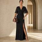 Lord & Taylor Heritage Maxi Gown, Black with Flutter Sleeves — on model, full length
