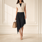 Ecru sleeveless wrap vest with structured shoulders by Lord & Taylor Heritage, full body view