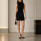 Black GCDS turtleneck mini dress, full body front view by GCDS
