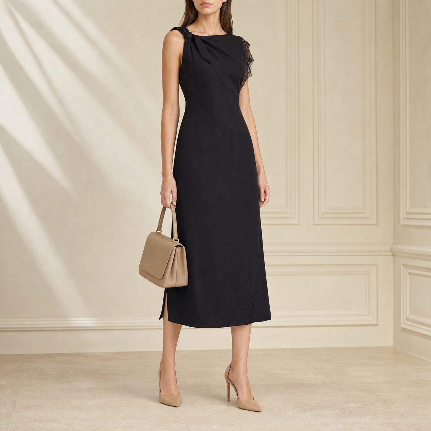 Black sleeveless midi dress with bow shoulder by Lord & Taylor Heritage, full length front view